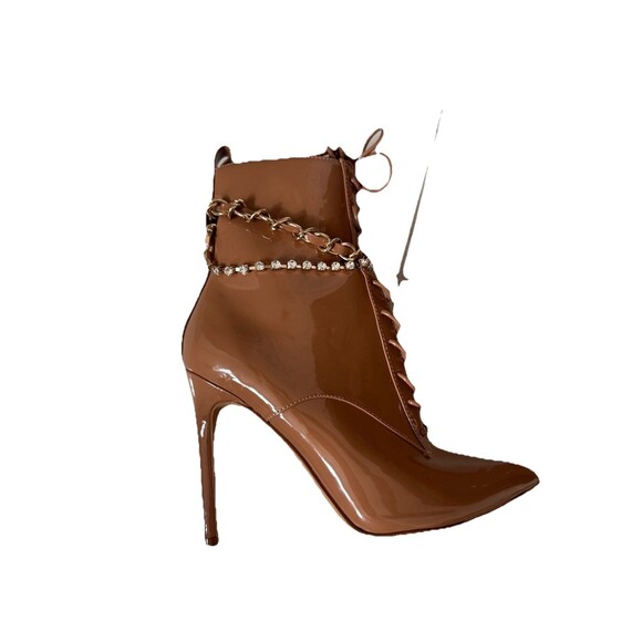 Aldo Women’s Patent Leather Tan Brown Lace Up stiletto Bootie Chain Gold Size 8 - Picture 2 of 8